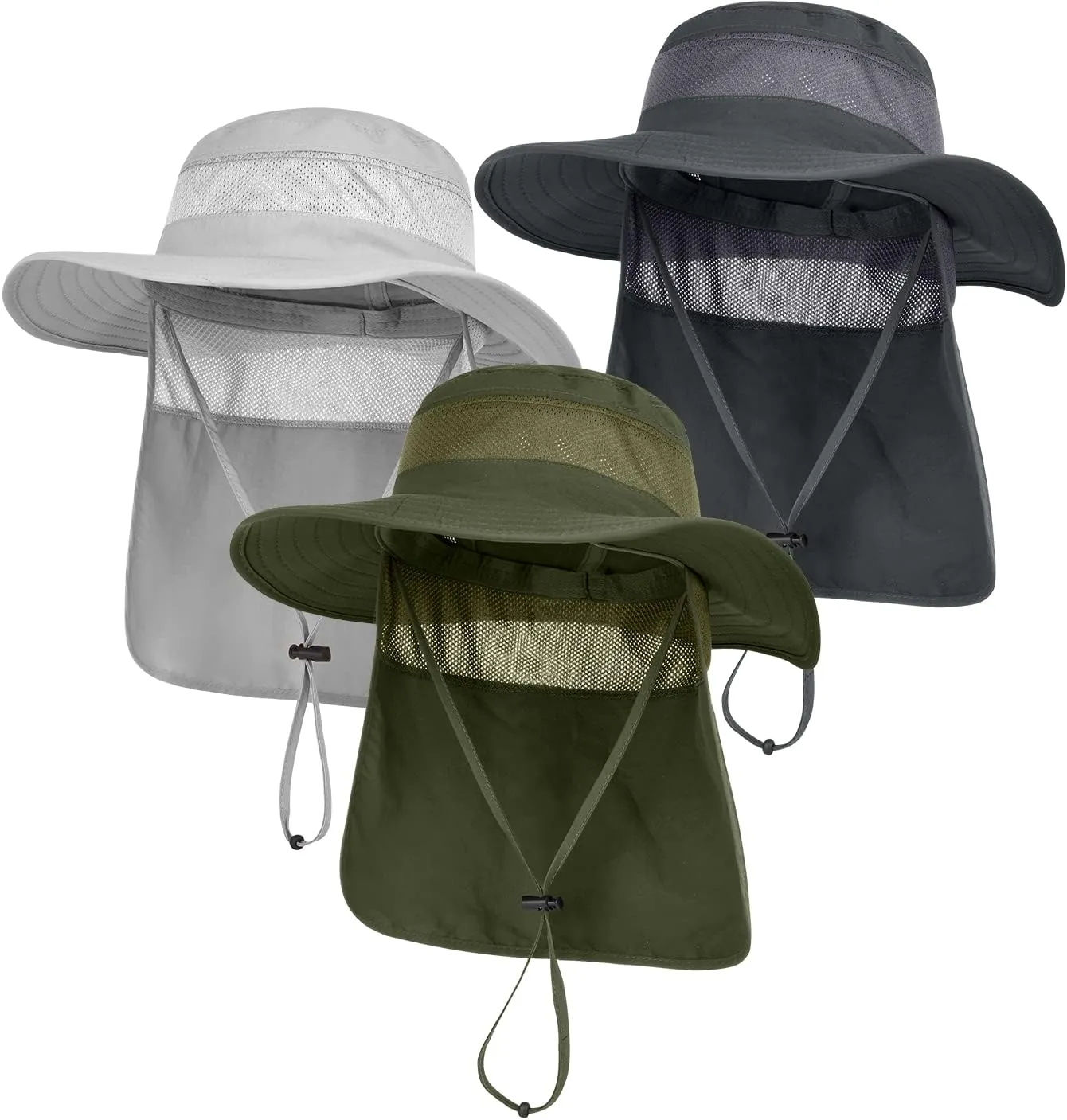 3 Pack Mens UPF 50  Wide Brim Sun Hat with Neck Flap for Fishing Hiking Garden