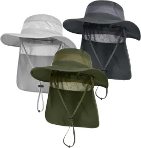 3 Pack Mens UPF 50  Wide Brim Sun Hat with Neck Flap for Fishing Hiking Garden