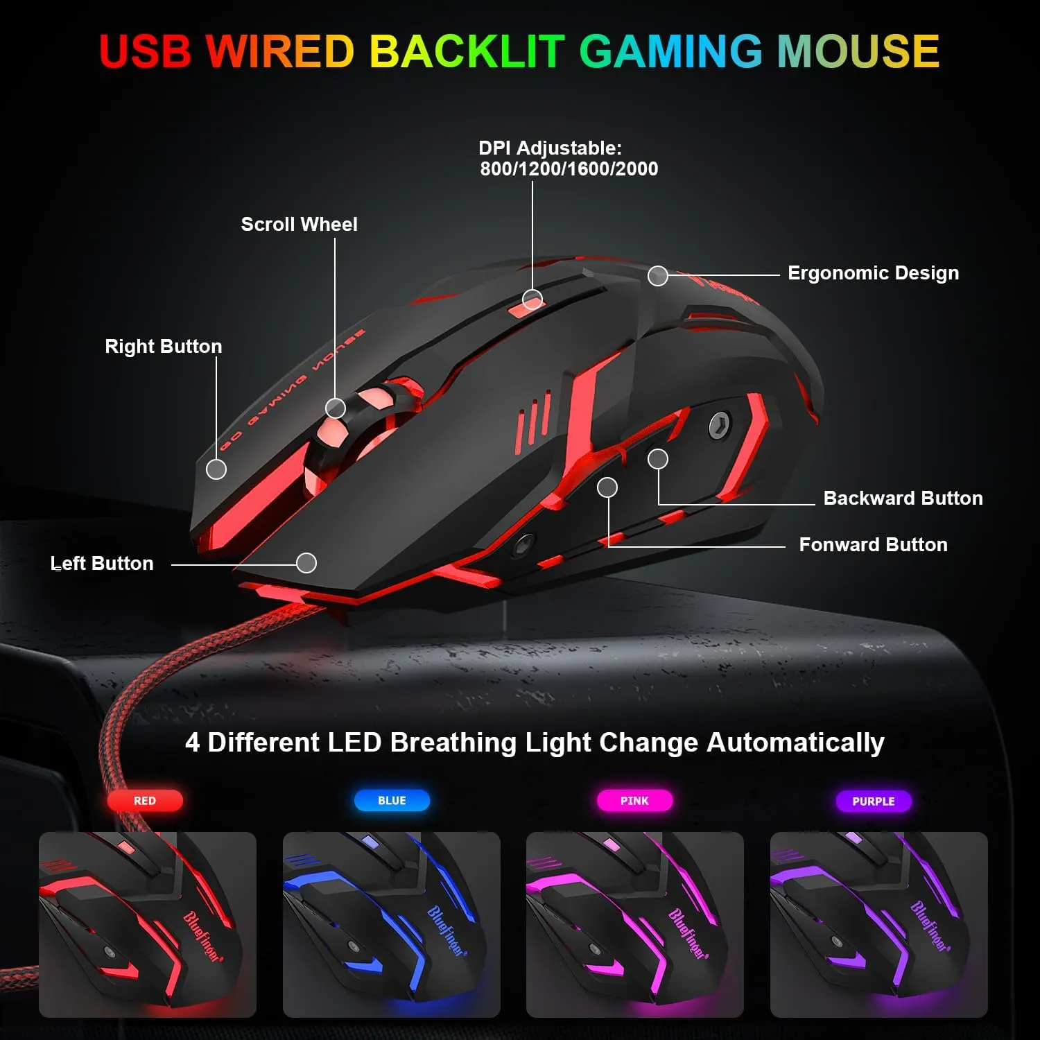 BlueFinger RGB Gaming Keyboard and Backlit Mouse Combo, USB Wired, LED Gaming Set for Laptop PC Computer Game and Work(Gray & Black)