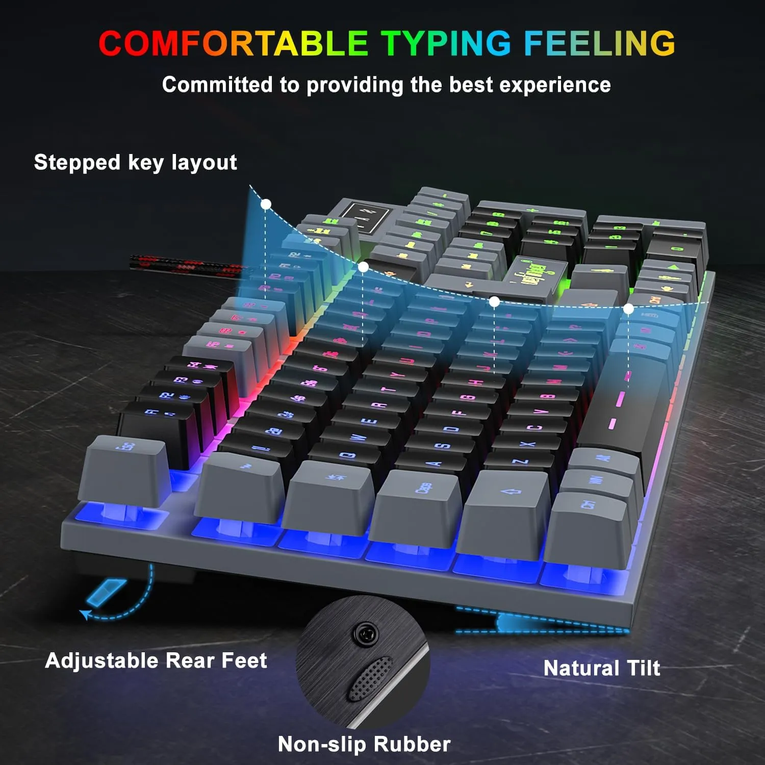 BlueFinger RGB Gaming Keyboard and Backlit Mouse Combo, USB Wired, LED Gaming Set for Laptop PC Computer Game and Work(Gray & Black)