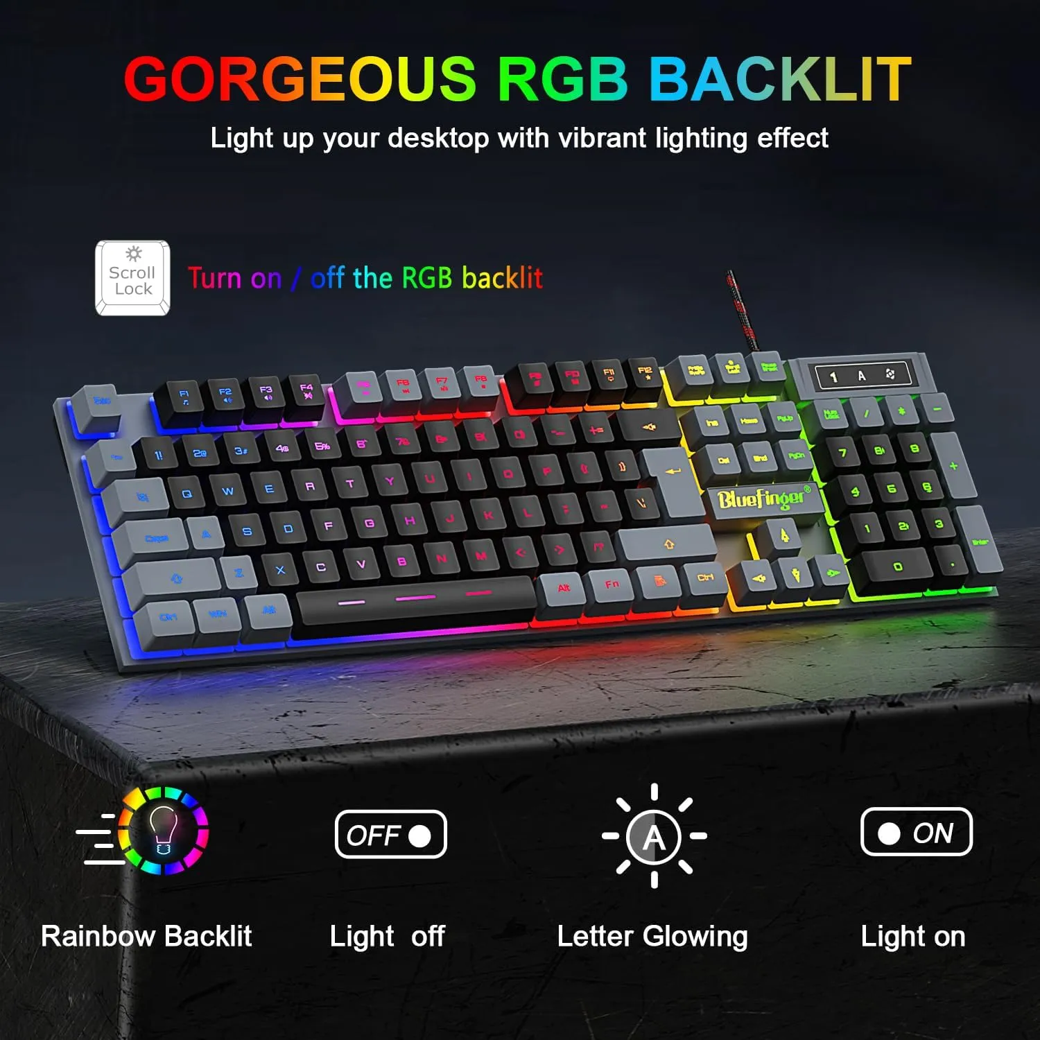 BlueFinger RGB Gaming Keyboard and Backlit Mouse Combo, USB Wired, LED Gaming Set for Laptop PC Computer Game and Work(Gray & Black)