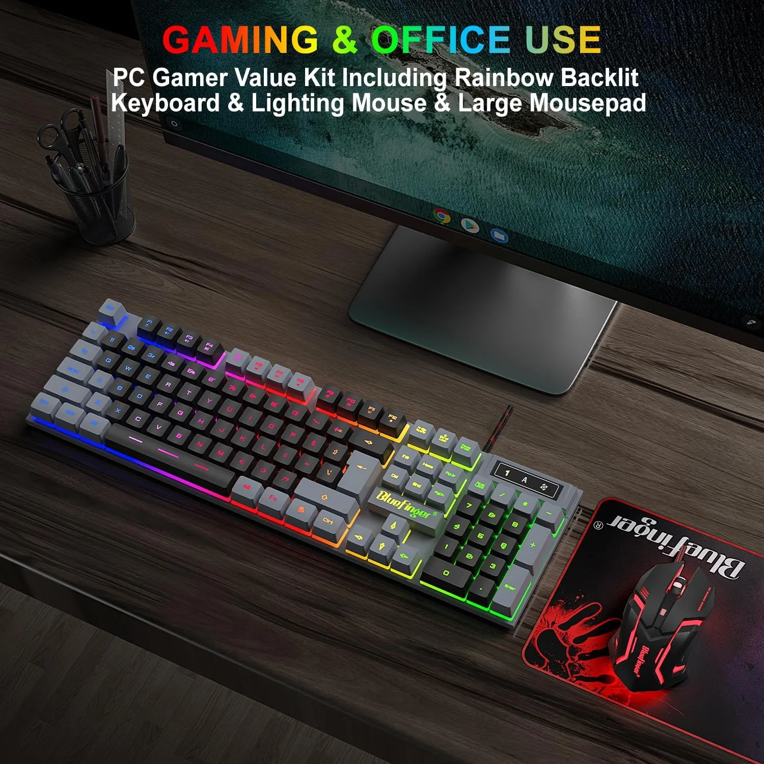 BlueFinger RGB Gaming Keyboard and Backlit Mouse Combo, USB Wired, LED Gaming Set for Laptop PC Computer Game and Work(Gray & Black)