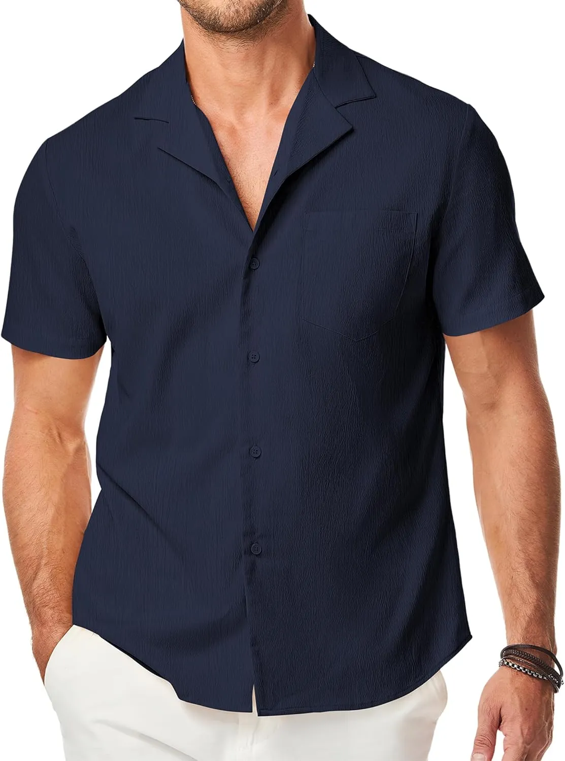 JMIERR Men's Casual Button Down Shirts Short Sleeve Textured Summer Beach Shirt Cuban Vacation Shirts with Pocket