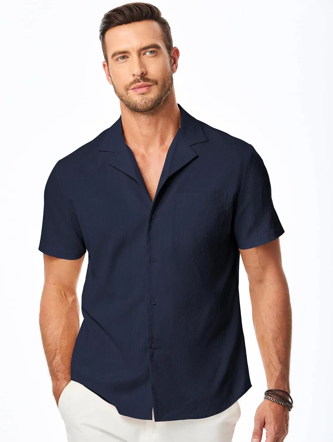 JMIERR Men's Casual Button Down Shirts Short Sleeve Textured Summer Beach Shirt Cuban Vacation Shirts with Pocket