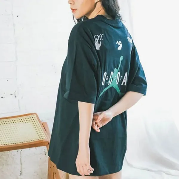 Men's Air Jordan x OFF-WHITE Crossover Logo Embroidered Sports Round Neck Short Sleeve Asia Edition Black T-Shirt, Black