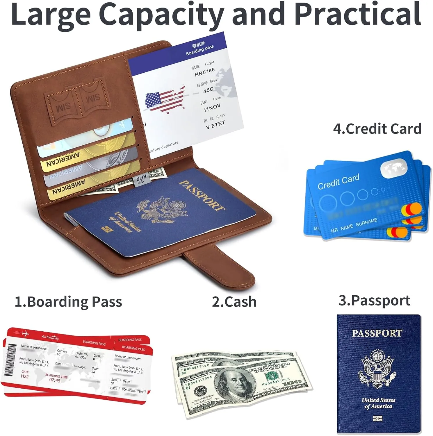 Passport Holder, Passport Cover with Credit Card Slot and Boarding Pass Slot Combo, Passport Wallet Case Book Travel Must Have, RFID Blocking Leather Travel Accessories, Brown