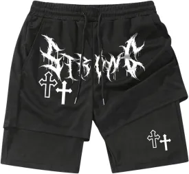SHENHE Men's Graphic Shorts with Liner Cross Print Drawstring 2 in 1 Goth Gym Track Bottoms