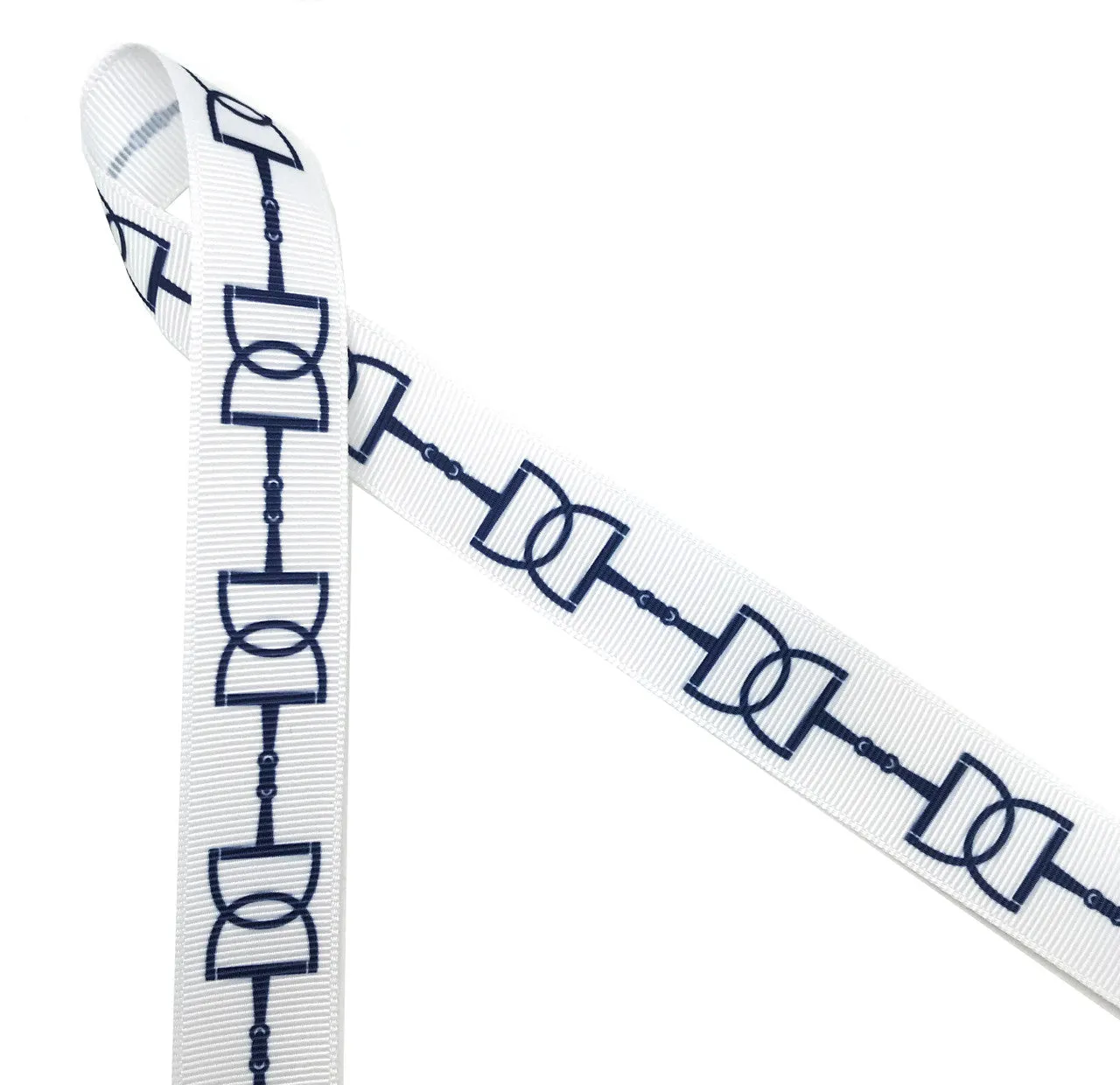 Snaffle bit ribbon with navy blue bits printed on 7/8" white single grosgrain