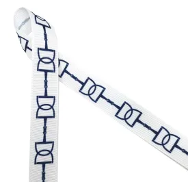Snaffle bit ribbon with navy blue bits printed on 7/8" white single grosgrain