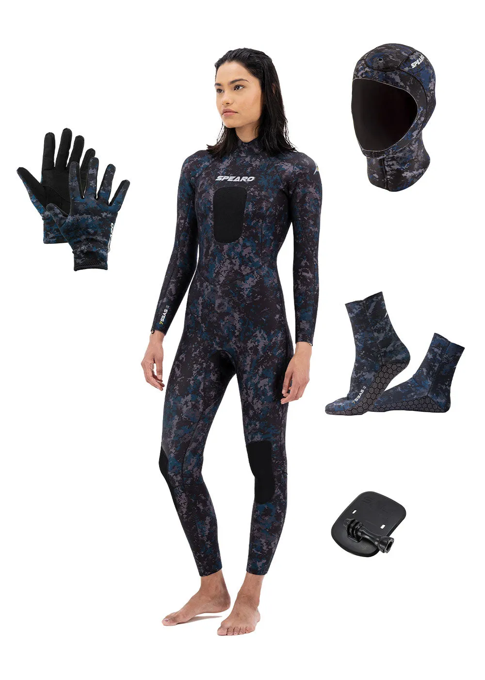Spearo 7 Seas Womens 3.5mm Steamer, Diving Gloves, Diving Socks, Diving Hood & Camera Mount - Combo
