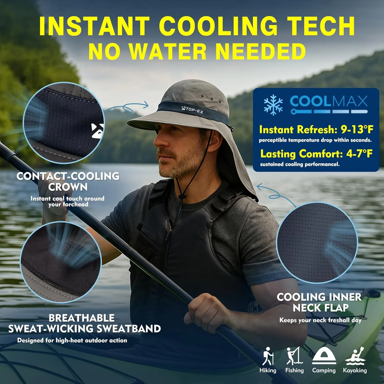 TOP-EX Cooling Sun Hat with Neck Flap ?C UPF 50  Wide Brim Breathable Hat for Hiking, Fishing & Big Heads