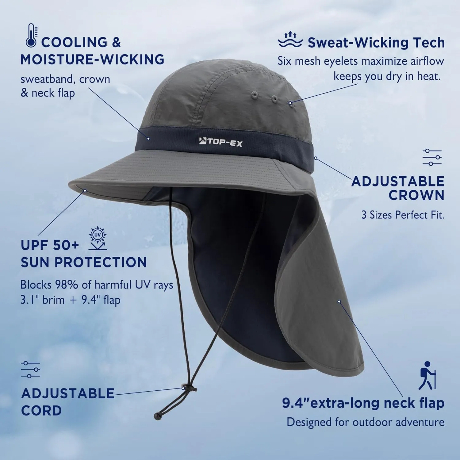 TOP-EX Cooling Sun Hat with Neck Flap ?C UPF 50  Wide Brim Breathable Hat for Hiking, Fishing & Big Heads